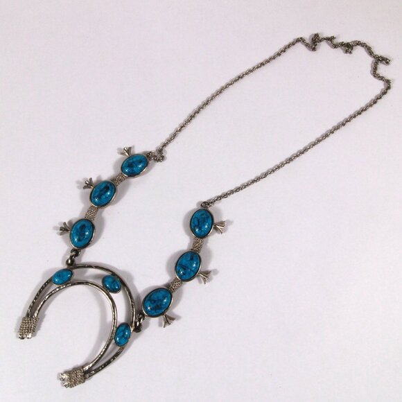 Vintage Faux Turquoise Squash Blossom Silver Tone Necklace - Picture 5 of 8
